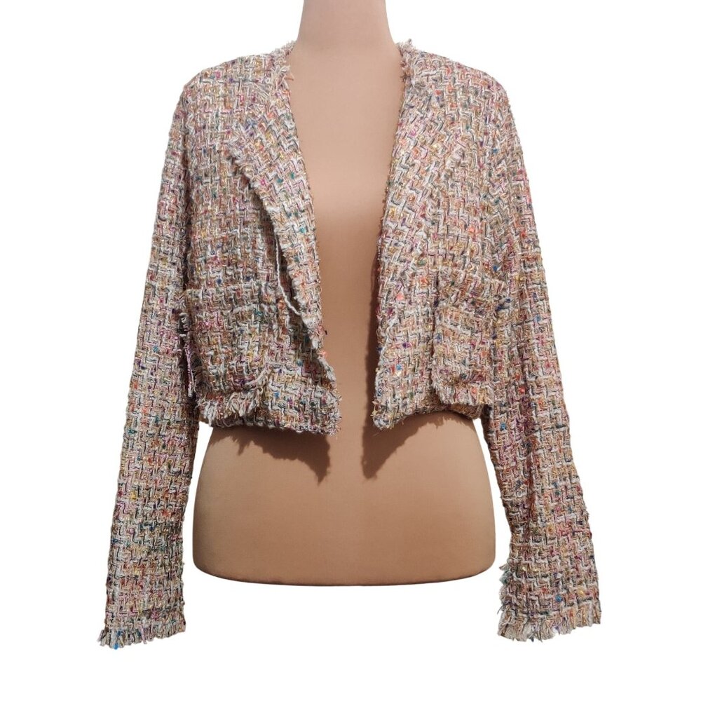 Fashion Nova 1XL Womens Cropped Tweed Jacket Multicolor Textured Blazer Luxe